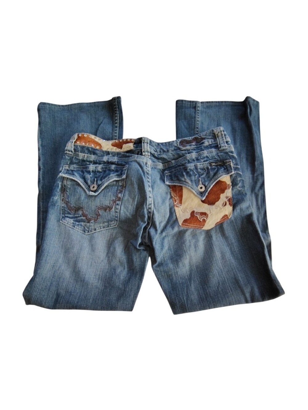Miss Me Brown Cream Cowgirl Faux Fur Crystal Accent Denim Blue Jeans Size 31